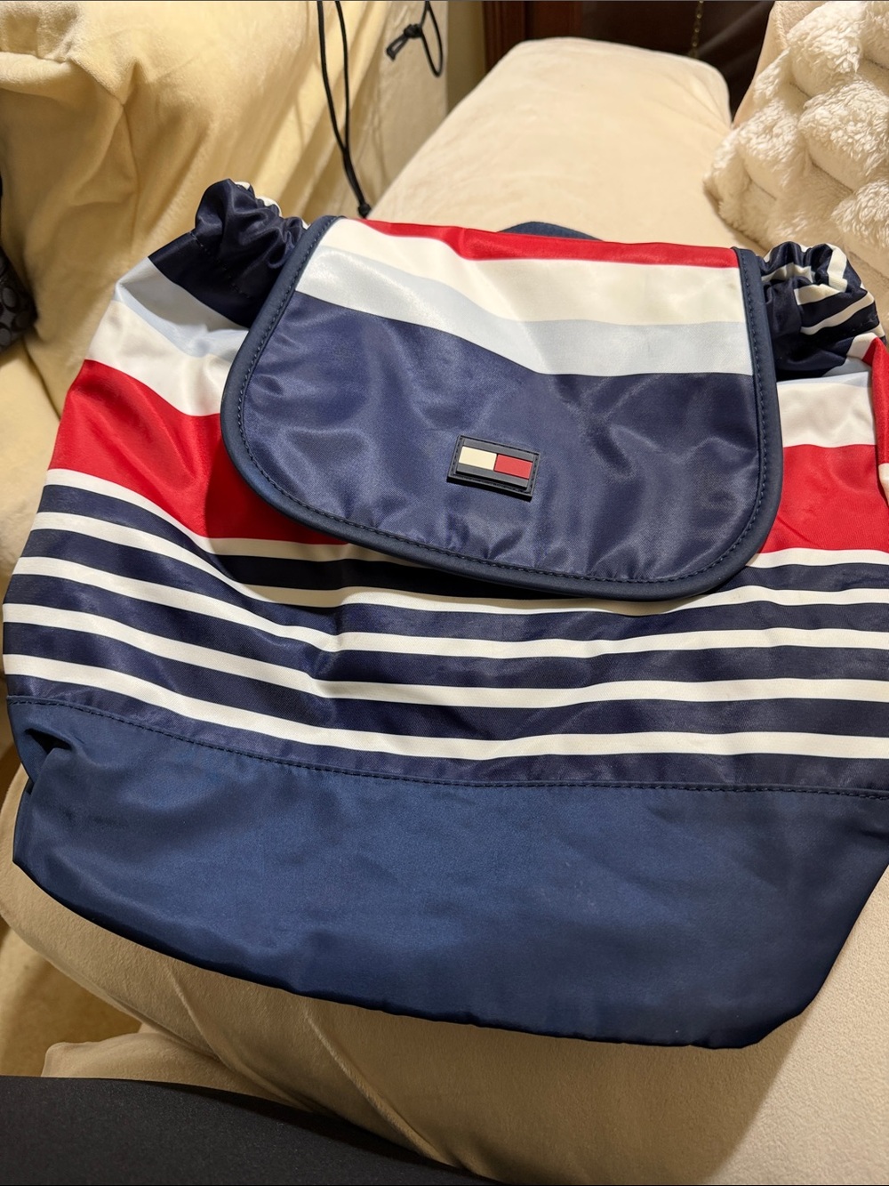 Tommy Hilfiger Navy, Red & White Striped Drawstring Tote
